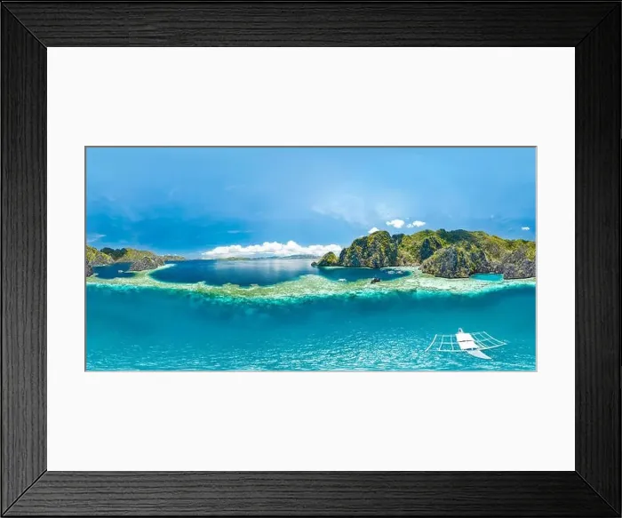 Framed Print : Epic aerial spherical panorama of blue lagoons and limestone cliffs of Coron, Palawan, Philippines. Full 360 panorama Framed Print : Epic aerial spherical panorama of blue lagoons and limestone cliffs of Coron, Palawan, Philippines. Full 360 panorama