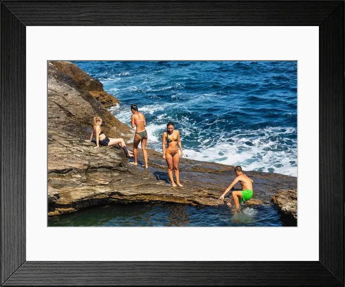 Framed Print : Thassos, Greece - July 20, 2019: Tourists are doing diving in the natural swimming pool Giola in Thassos island, Greece Framed Print : Thassos, Greece - July 20, 2019: Tourists are doing diving in the natural swimming pool Giola in Thassos island, Greece