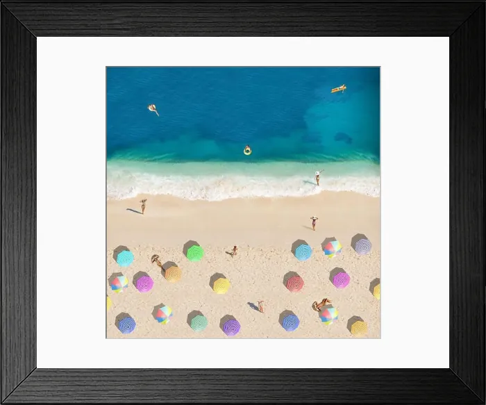Framed Print : Many umbrellas with people on the beach and swimming in the sea view from above Framed Print : Many umbrellas with people on the beach and swimming in the sea view from above