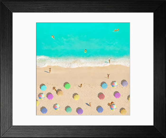 Framed Print : Beach resort on the sea edge from above colorful umbrellas swimming sunbathing people Framed Print : Beach resort on the sea edge from above colorful umbrellas swimming sunbathing people