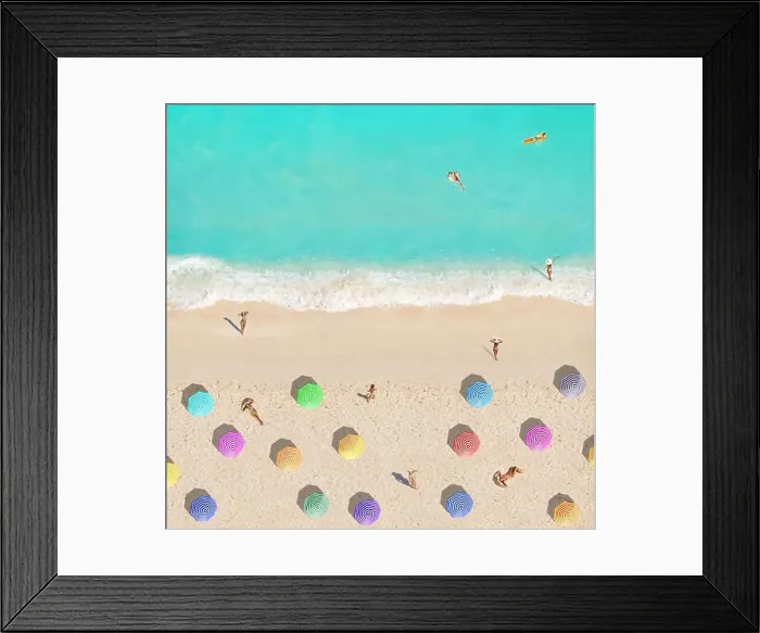 Framed Print : Sea beach resort from above colorful umbrellas swimming in water sunbathing people Framed Print : Sea beach resort from above colorful umbrellas swimming in water sunbathing people