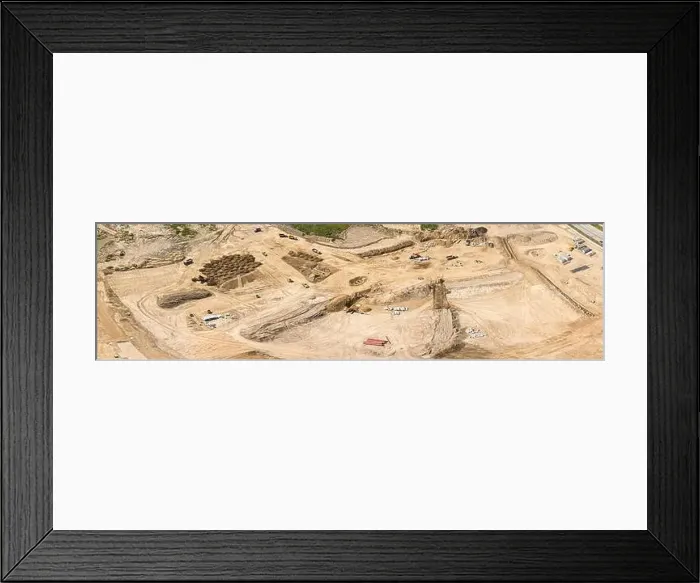 Framed Print : aerial ultra wide panorama of road construction site with machinery Framed Print : aerial ultra wide panorama of road construction site with machinery