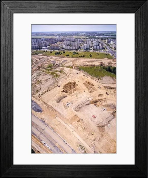 Framed Print : panoramic drone image of city suburbs construction site. aerial view Framed Print : panoramic drone image of city suburbs construction site. aerial view