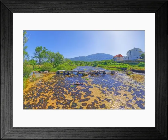 Framed Print : Drone view of the old footbridge on the river Cetina Framed Print : Drone view of the old footbridge on the river Cetina