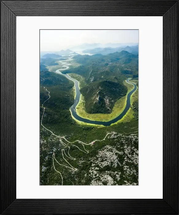 Framed Print : Aerial view of river Crnojevica leading to lake Skadar through a mountainous landscape Framed Print : Aerial view of river Crnojevica leading to lake Skadar through a mountainous landscape
