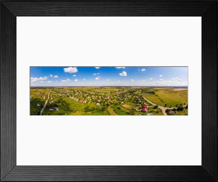 Framed Print : Panoramic landscape of countryside. Aerial view of traditional village, Ukraine Framed Print : Panoramic landscape of countryside. Aerial view of traditional village, Ukraine