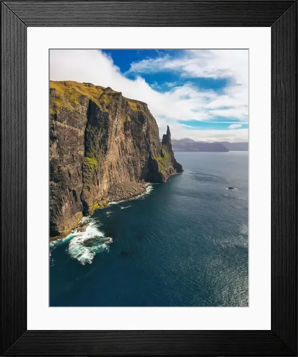 Framed Print : Aerial view of Trollkonufingur, also called The Witch's Finger on Faroe Islands Framed Print : Aerial view of Trollkonufingur, also called The Witch's Finger on Faroe Islands