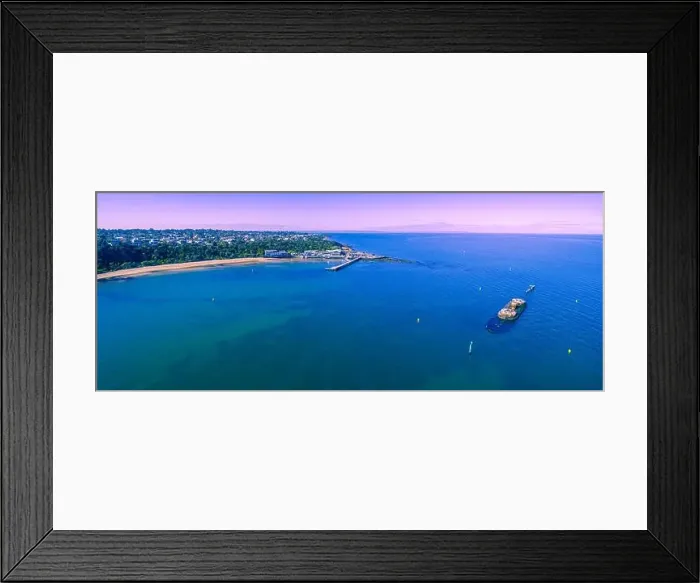Framed Print : Aerial panoramic landscape of historic shipwreck and beautiful Black Rock coastline in Melbourne, Australia Framed Print : Aerial panoramic landscape of historic shipwreck and beautiful Black Rock coastline in Melbourne, Australia