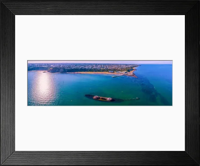 Framed Print : Historic shipwreck near Black Rock coastline in Melbourne, Australia - wide aerial panorama Framed Print : Historic shipwreck near Black Rock coastline in Melbourne, Australia - wide aerial panorama