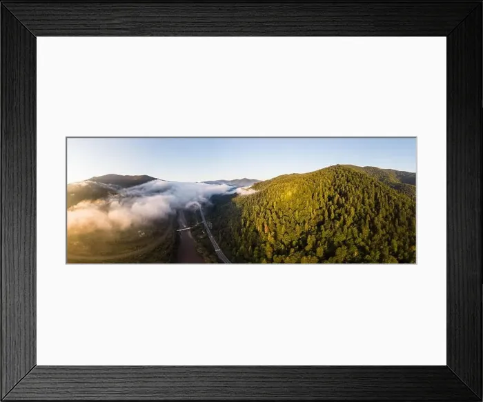 Framed Print : Aerial drone view above misty mountains and forest. Panoramic landscape. Morning time. Carpathians, Ukraine