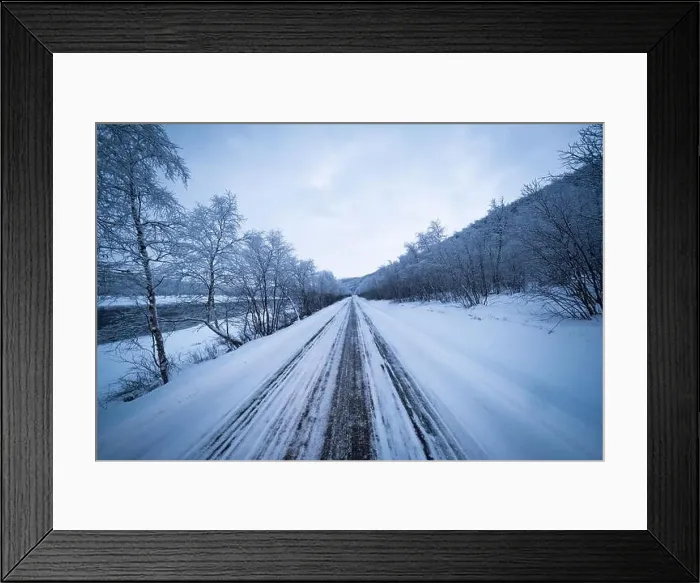 Framed Print : Snowy road among the trees covered in snow in Lapland Framed Print : Snowy road among the trees covered in snow in Lapland