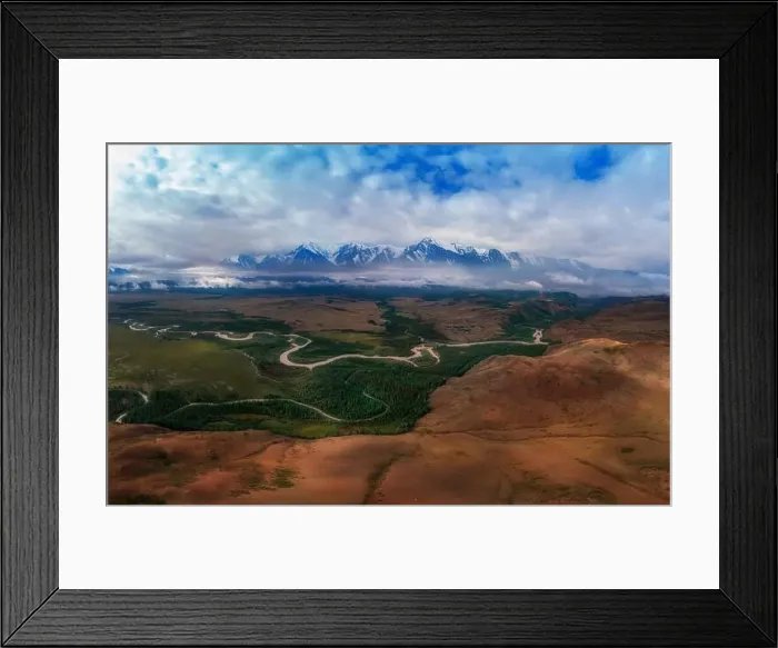 Framed Print : Kurai steppe and North-Chui ridge of Altai mountains, Russia. Aerial drone panoramic picture Framed Print : Kurai steppe and North-Chui ridge of Altai mountains, Russia. Aerial drone panoramic picture