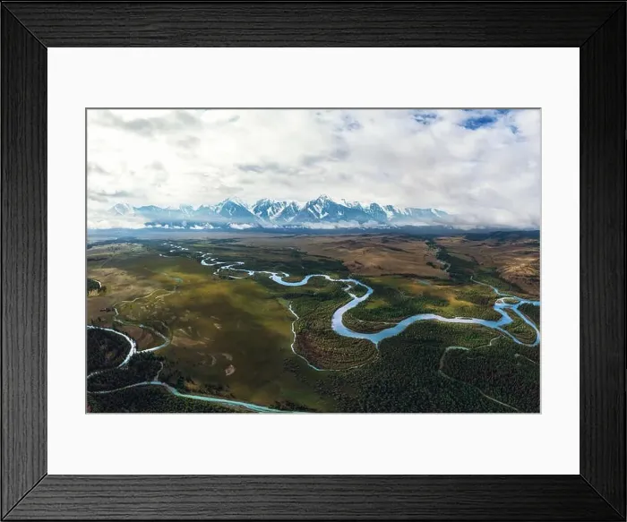Framed Print : Kurai steppe and Chuya river on North-Chui ridge background. Altai mountains, Russia. Aerial drone panoramic picture Framed Print : Kurai steppe and Chuya river on North-Chui ridge background. Altai mountains, Russia. Aerial drone panoramic picture