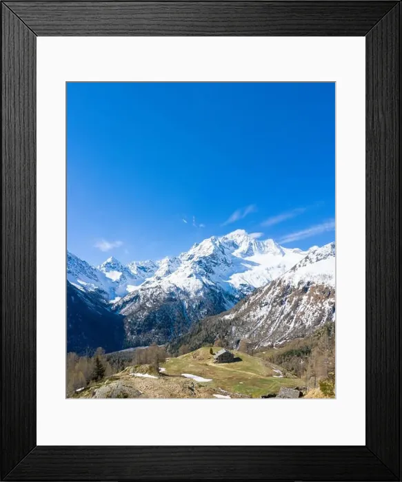 Framed Print : Aerial panoramic of snow capped Monte Disgrazia and huts at Alpe Oro Framed Print : Aerial panoramic of snow capped Monte Disgrazia and huts at Alpe Oro