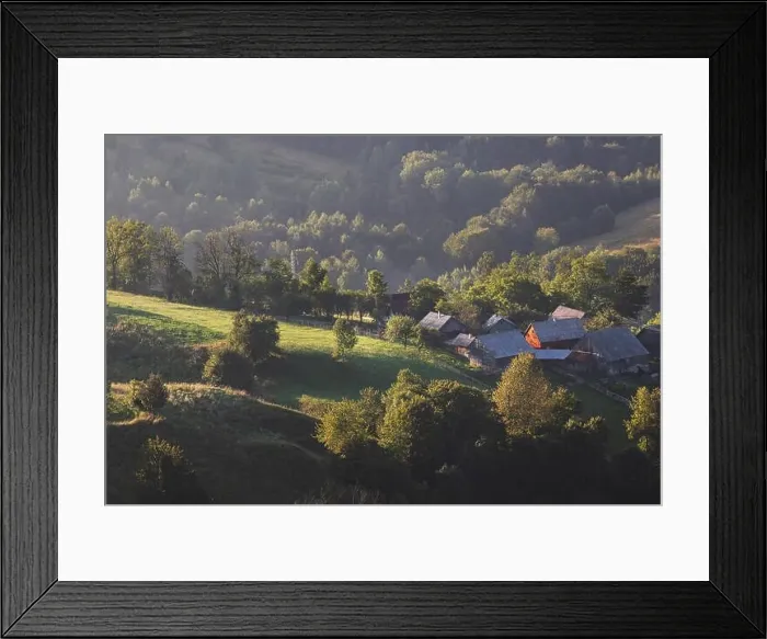Framed Print : Summer landscape of the mountain village in Bucovina Framed Print : Summer landscape of the mountain village in Bucovina