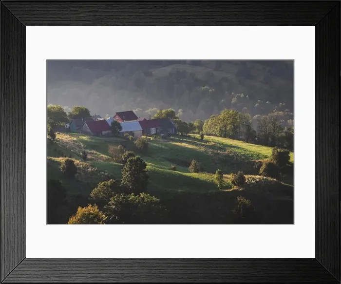 Framed Print : Summer landscape of the mountain village in Bucovina Framed Print : Summer landscape of the mountain village in Bucovina