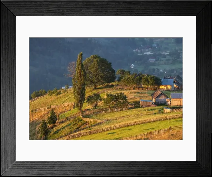 Framed Print : Summer landscape of the mountain village in Bucovina Framed Print : Summer landscape of the mountain village in Bucovina
