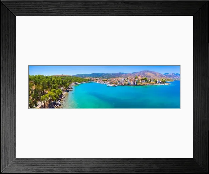 Framed Print : Scenic aerial view of Galaxidi village with colorful buildings, Greece Framed Print : Scenic aerial view of Galaxidi village with colorful buildings, Greece