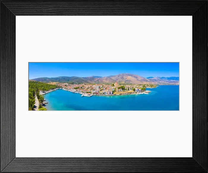Framed Print : Scenic aerial view of Galaxidi village with colorful buildings, Greece Framed Print : Scenic aerial view of Galaxidi village with colorful buildings, Greece