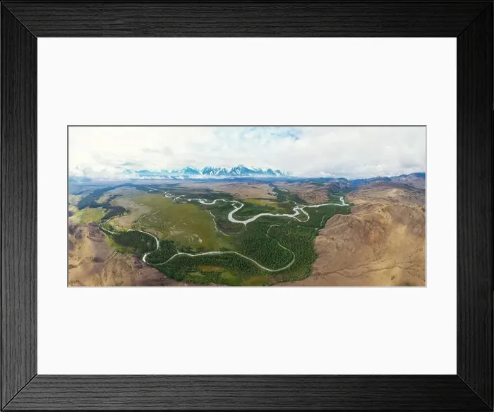 Framed Print : Kurai steppe and Chuya river on North-Chui ridge background. Altai mountains, Russia. Aerial drone panoramic picture Framed Print : Kurai steppe and Chuya river on North-Chui ridge background. Altai mountains, Russia. Aerial drone panoramic picture