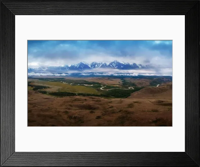 Framed Print : Aerial drone panoramic picture of Kurai steppe and Chuya river on North-Chui ridge background. Altai mountains, Russia Framed Print : Aerial drone panoramic picture of Kurai steppe and Chuya river on North-Chui ridge background. Altai mountains, Russia