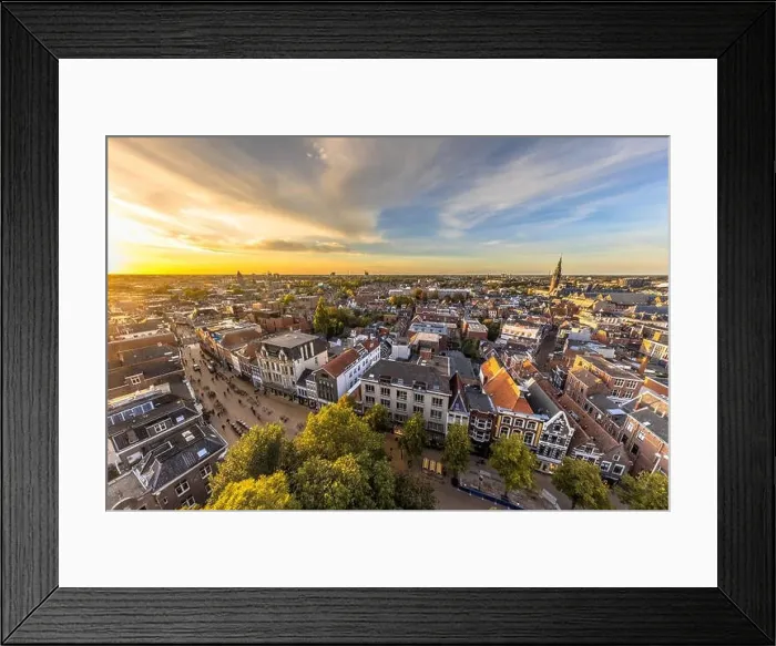 Framed Print : Aerial Skyline view of historic Groningen city centre under setting sun. The Netherlands