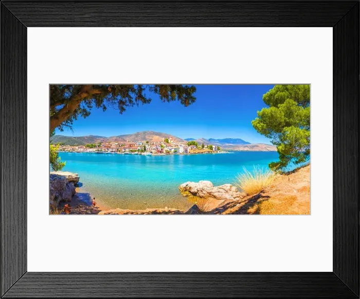 Framed Print : Scenic view of Galaxidi village with colorful buildings, Greece Framed Print : Scenic view of Galaxidi village with colorful buildings, Greece