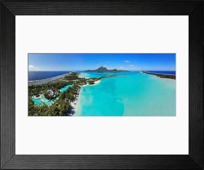 Framed Print : BORA BORA, FRENCH POLYNESIA -4 DEC 2018- Aerial view of overwater bungalow villas at the St Regis Resort Bora-Bora in Framed Print : BORA BORA, FRENCH POLYNESIA -4 DEC 2018- Aerial view of overwater bungalow villas at the St Regis Resort Bora-Bora in