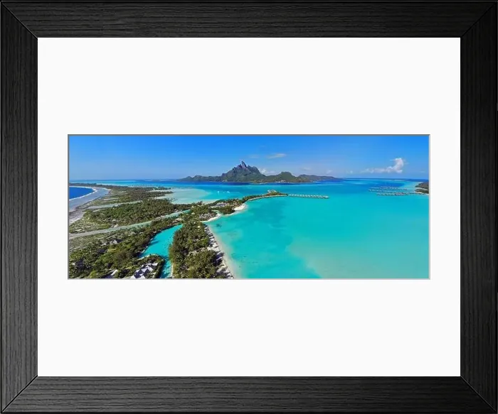 Framed Print : BORA BORA, FRENCH POLYNESIA -4 DEC 2018- Aerial view of overwater bungalow villas at the St Regis Resort Bora-Bora in Framed Print : BORA BORA, FRENCH POLYNESIA -4 DEC 2018- Aerial view of overwater bungalow villas at the St Regis Resort Bora-Bora in