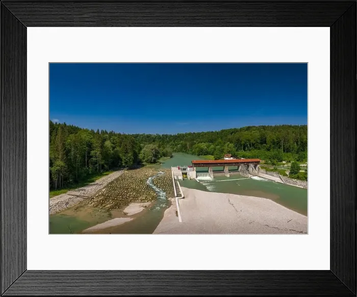 Framed Print : A sandbank in front of the isar river and a weir, shot by a drone Framed Print : A sandbank in front of the isar river and a weir, shot by a drone