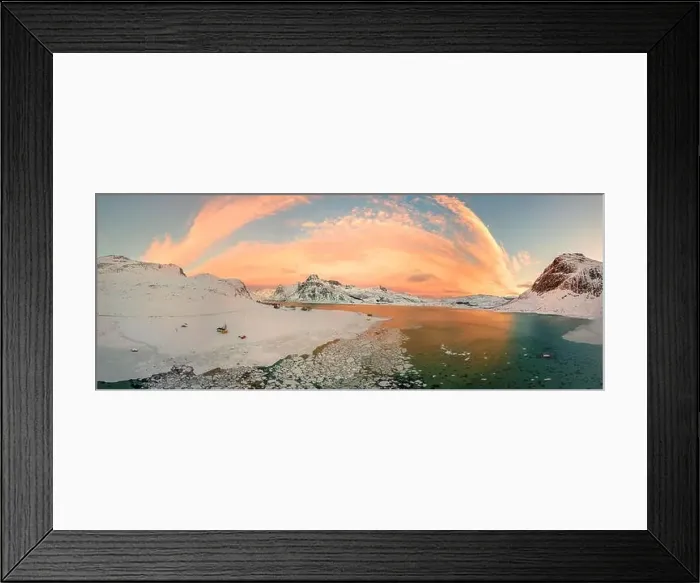 Framed Print : Aerial drone panorama photo. Beautiful sunset over the mountains and sea of the Lofoten Islands Framed Print : Aerial drone panorama photo. Beautiful sunset over the mountains and sea of the Lofoten Islands