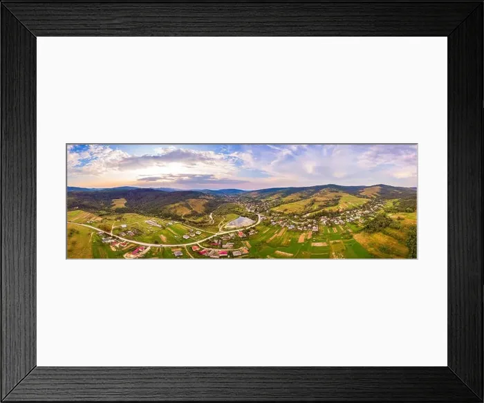 Framed Print : Aerial drone view of urban village Pidbuzh in Carpathians Framed Print : Aerial drone view of urban village Pidbuzh in Carpathians