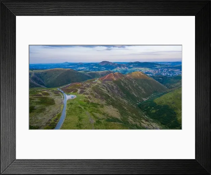 Framed Print : Aerial shoot over scenic upland valley at sunset in United Kingdom Framed Print : Aerial shoot over scenic upland valley at sunset in United Kingdom