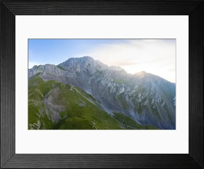 Framed Print : Aerial view of Passo degli Agnelli in front of Pizzo della Presolana at dawn Framed Print : Aerial view of Passo degli Agnelli in front of Pizzo della Presolana at dawn