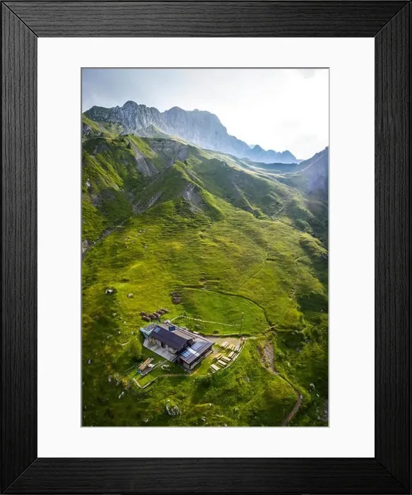 Framed Print : Aerial view of Rino Olmo refuge and Valzurio valley with Presolana Framed Print : Aerial view of Rino Olmo refuge and Valzurio valley with Presolana