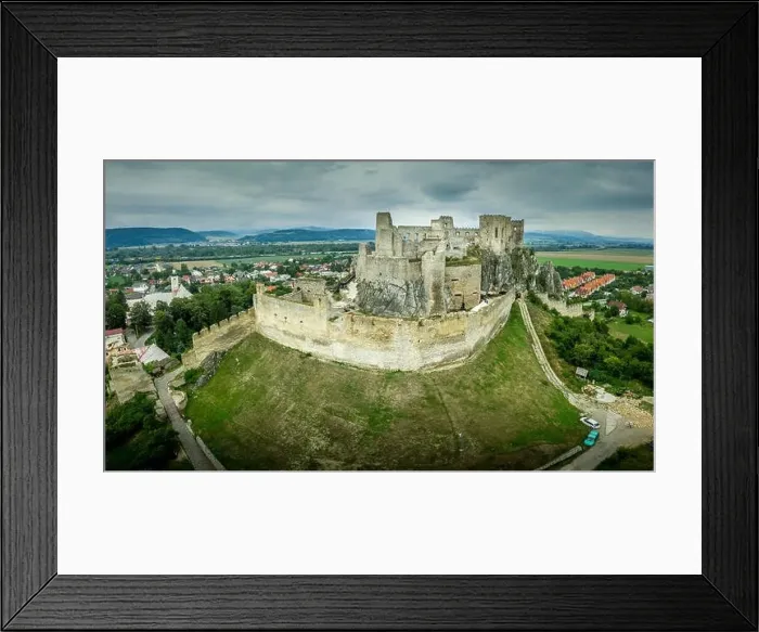 Framed Print : Aerial view of medieval ruined Beckov castle in Slovakia above the Vah river with Gothic chapel and stormy sky Framed Print : Aerial view of medieval ruined Beckov castle in Slovakia above the Vah river with Gothic chapel and stormy sky