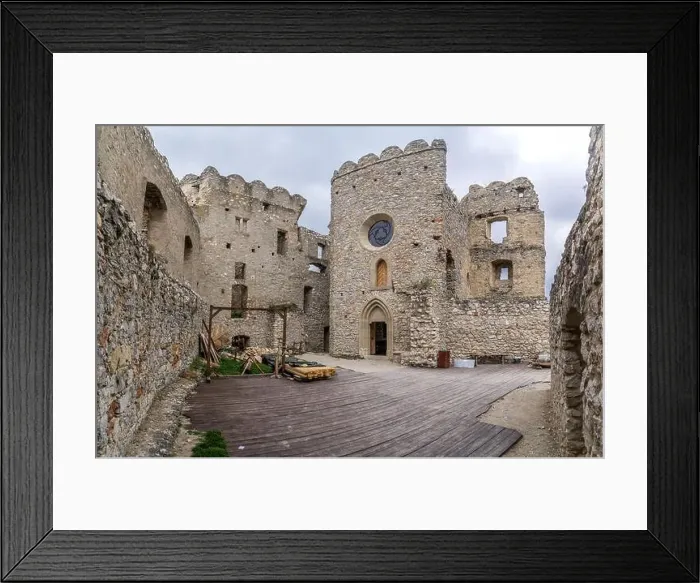 Framed Print : Aerial view of medieval Beckov castle with inner and outer courtyard, cannon tower, castle gate, chapel in Slovakia Framed Print : Aerial view of medieval Beckov castle with inner and outer courtyard, cannon tower, castle gate, chapel in Slovakia
