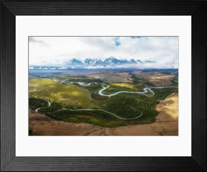 Framed Print : Kurai steppe and Chuya river on North-Chui ridge background. Altai mountains, Russia. Aerial drone panoramic picture Framed Print : Kurai steppe and Chuya river on North-Chui ridge background. Altai mountains, Russia. Aerial drone panoramic picture