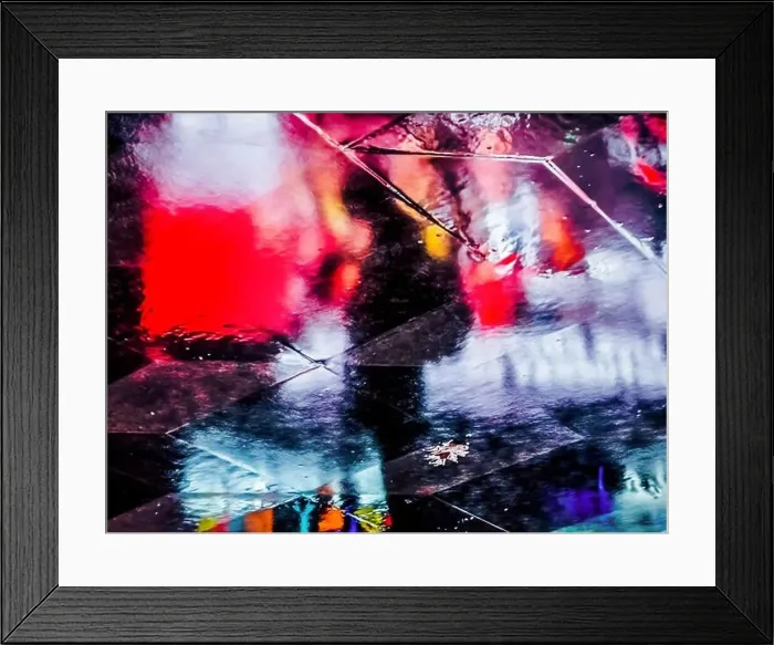Framed Print : Abstract, artistic shot of silhouette of a person standing surrounded by neon light reflections seen in the reflection Framed Print : Abstract, artistic shot of silhouette of a person standing surrounded by neon light reflections seen in the reflection