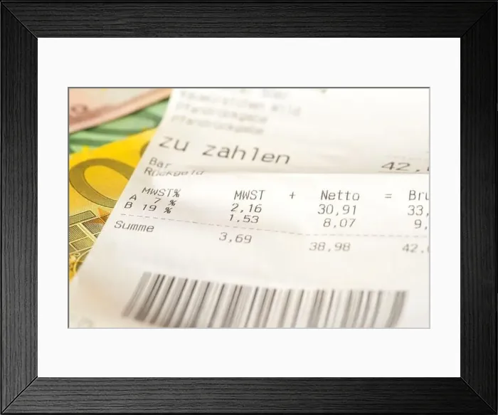 Framed Print : A receipt and euro bills Framed Print : A receipt and euro bills
