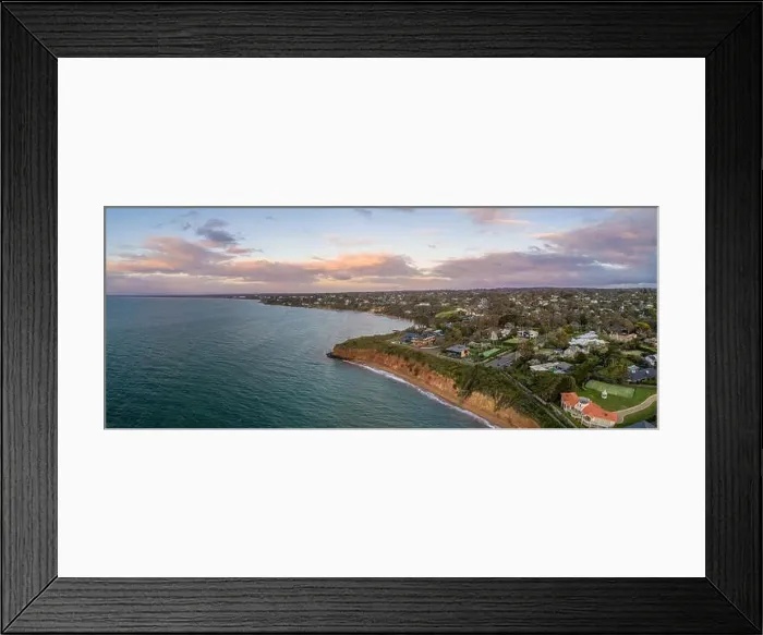 Framed Print : Aerial panorama of Daveys Bay beach on Mornington Peninsula in Melbourne at sunset - aerial view