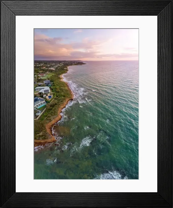 Framed Print : Vertical aerial panorama of Mornington Peninsula coastline in Melbourne, at sunset Framed Print : Vertical aerial panorama of Mornington Peninsula coastline in Melbourne, at sunset