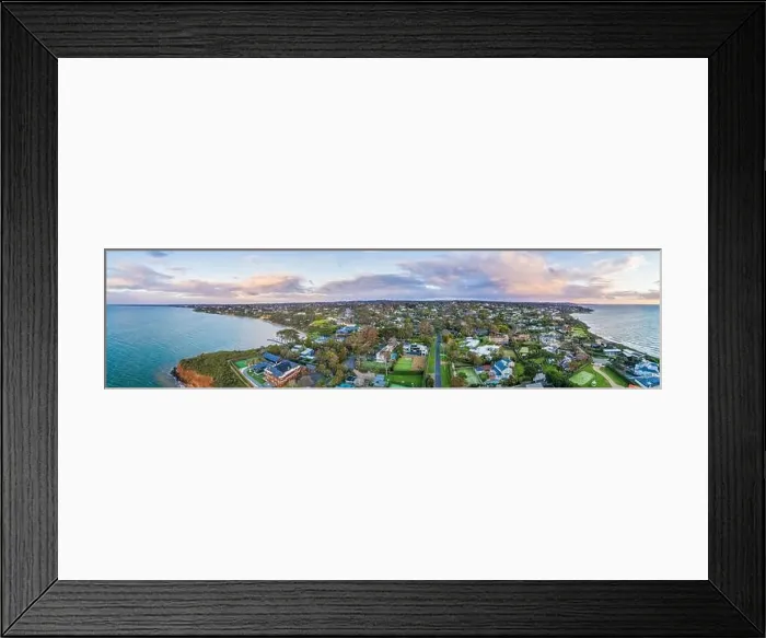 Framed Print : Wide aerial panorama of Mount Eliza suburb on Mornington Peninsula in Melbourne, Australia at sunset Framed Print : Wide aerial panorama of Mount Eliza suburb on Mornington Peninsula in Melbourne, Australia at sunset