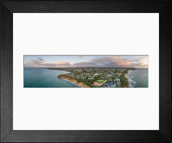 Framed Print : Wide aerial panorama of Mount Eliza suburb luxurious real estate on Mornington Peninsula at sunset Framed Print : Wide aerial panorama of Mount Eliza suburb luxurious real estate on Mornington Peninsula at sunset