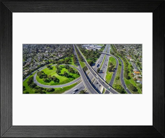 Framed Print : Monash freeway and Wellington road interchange in Mulgrave suburb - aerial panoramic landscape Framed Print : Monash freeway and Wellington road interchange in Mulgrave suburb - aerial panoramic landscape