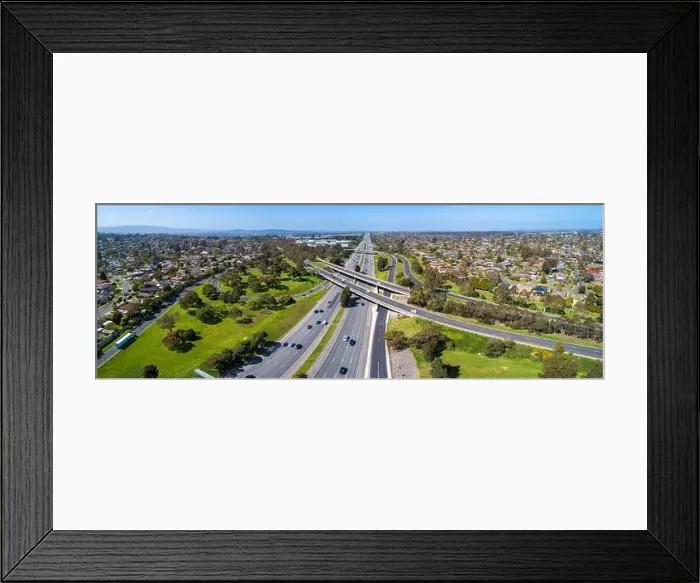 Framed Print : Aerial panorama of Monash Freeway and Wellington Road interchange in Mulgrave suburb of Melbourne, Australia Framed Print : Aerial panorama of Monash Freeway and Wellington Road interchange in Mulgrave suburb of Melbourne, Australia