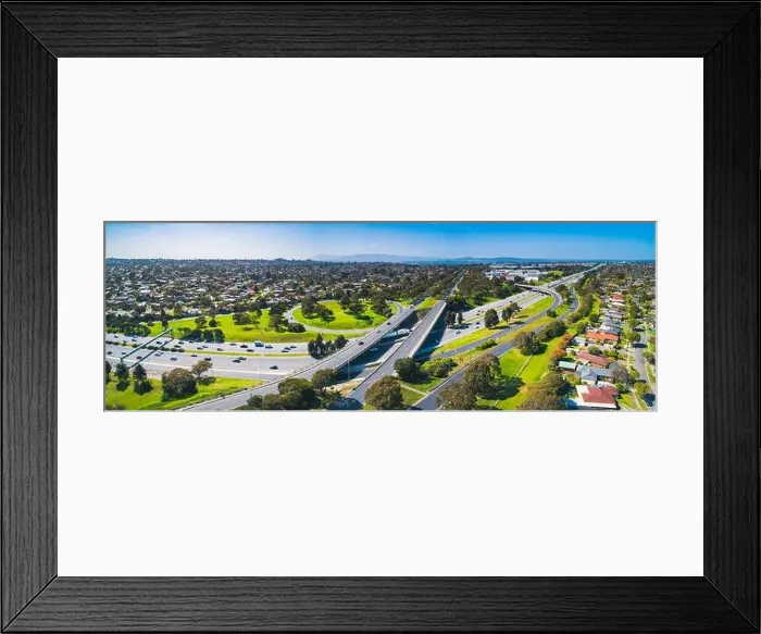 Framed Print : Wide aerial panorama of highway interchange on sunny day Framed Print : Wide aerial panorama of highway interchange on sunny day