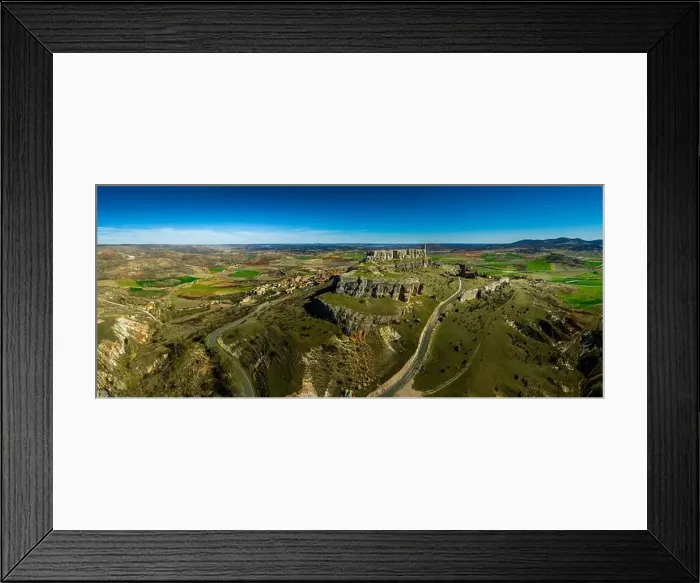 Framed Print : Aerial view of Atienza medieval town and castle in Spain with blue sky