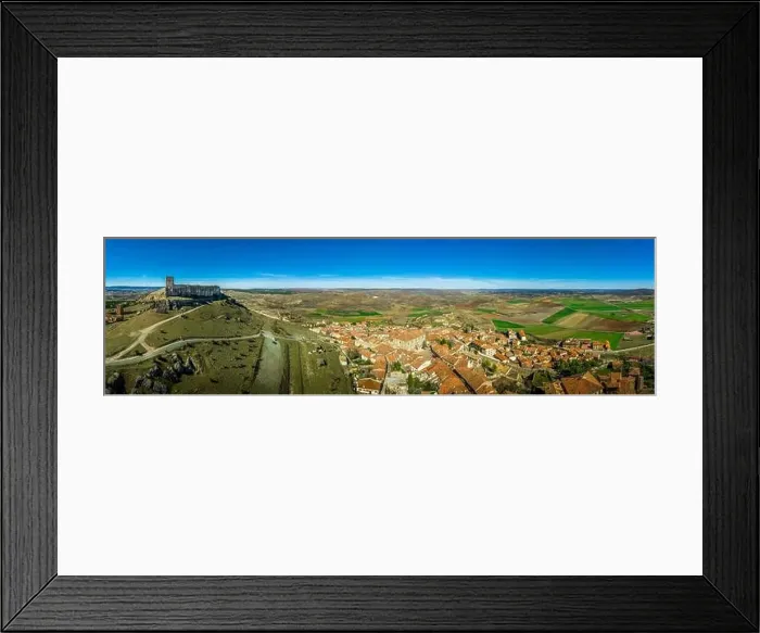 Framed Print : Aerial view of Atienza medieval town and castle in Spain with blue sky