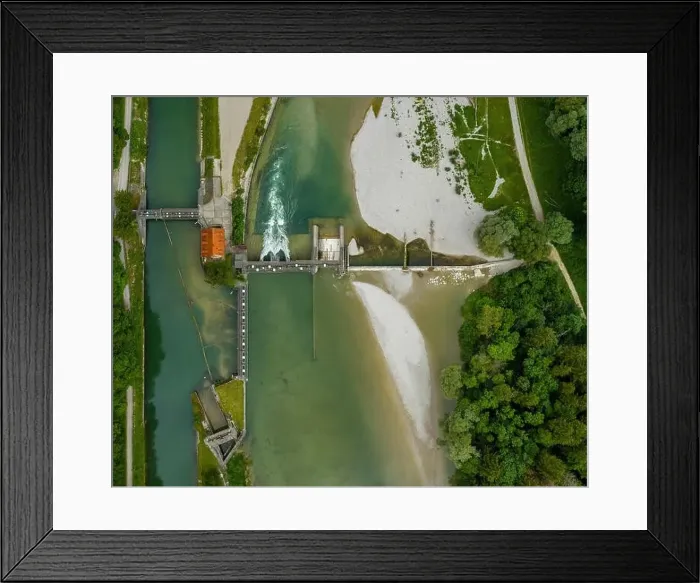 Framed Print : Vertical view at the Isar river and a weir Framed Print : Vertical view at the Isar river and a weir